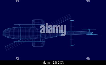 Blue helicopter is shown in a stylized way. The image is a computer-generated rendering of the helicopter, with a blue background. The helicopter is s Stock Vector