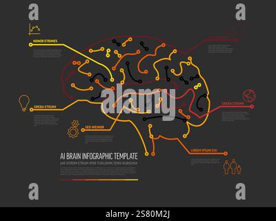 Dark Artificial Intelligence brain infographic template illustrates complex neural networks with data points. The brain design is enhanced with labels Stock Vector