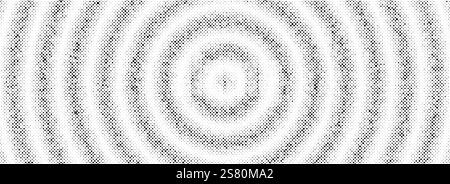 Black radial halftone circles. Dotted sound wave rings. Stippled epicenter, target, radar icon concept. Ripple concentric signal vibration element. Vector round dashed and dotted gradient pattern Stock Vector