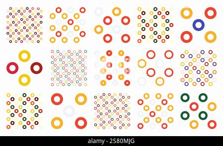 Lively seamless vector patterns with rings and circles arranged in grid, polka dot, lattice, mesh, or net formats. Ideal for vibrant wallpapers, backg Stock Vector