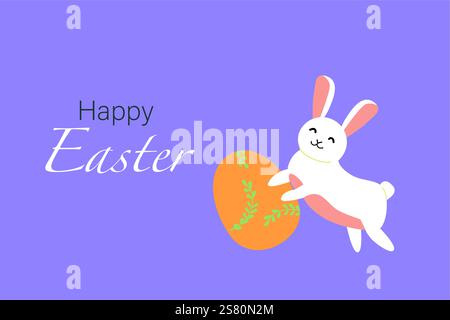 Happy easter greeting card with cheerful bunny and decorated egg. Stock Vector