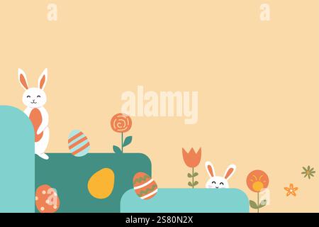 Happy easter design with geometric elements and playful rabbits. Geometry easter background. Stock Vector