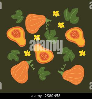 Seamless pattern of vibrant squash and leaves with yellow blossoms. Stock Vector