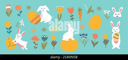 Easter bunnies and eggs amid colorful spring flowers on teal background. Stock Vector