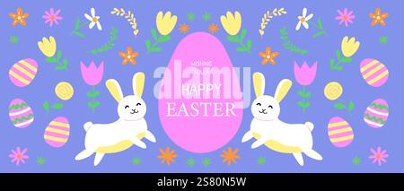 Happy easter celebration with geometric bunny and floral elements design for greeting card. Stock Vector