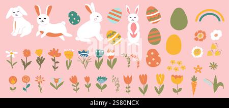 Set of cute easter bunnies and eggs with colorful spring flowers and decor elements. Geometric hand drawn happy easter icons. Stock Vector