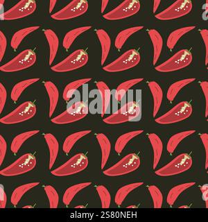 Seamless red chili pepper pattern on black background. Stock Vector