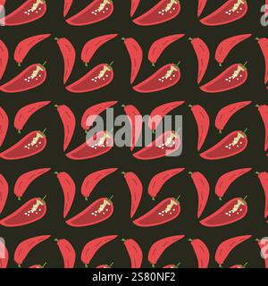 Seamless red chili pepper pattern on black background. Stock Vector