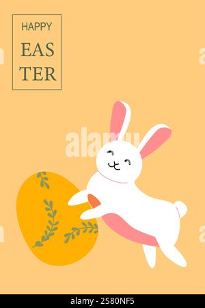Cheerful easter bunny with egg on yellow background. Easter abstract modern geometry card. Stock Vector