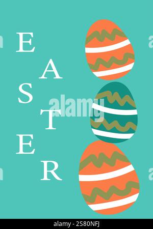 Colorful easter eggs on teal background with festive patterns. Easter abstract modern geometry card. Stock Vector