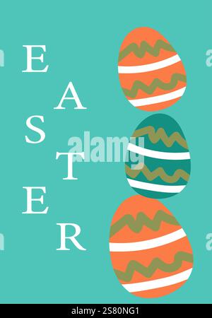 Colorful easter eggs on teal background with festive patterns. Easter abstract modern geometry card. Stock Vector