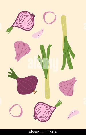 Colorful pattern of onions and leeks on beige background. Stock Vector