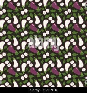 Vibrant eggplant pattern with sliced and whole vegetables on dark background. Stock Vector