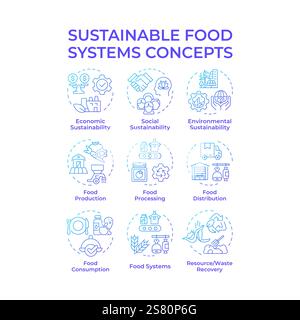 Sustainable food systems blue gradient concept icons Stock Vector