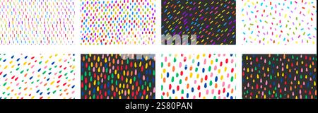 Set of colorful small dash seamless patterns. Vector wallpaper with spots texture Stock Vector