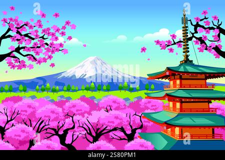 A vector illustration of Spring Time in Japan with Mt Fuji Stock Vector