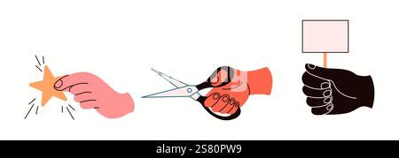 People hands with star scissors and placard flat color vector icons set. Showing different objects arms illustrations pack on white background Stock Vector