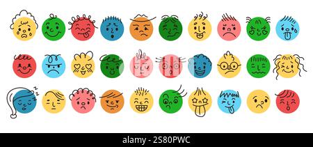Minimalist emojis doodle flat color vector icon set. Various facial expressions and feelings illustrations pack on white background Stock Vector