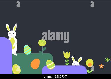 Colorful easter scene with bunnies, eggs, and flowers on dark background. Stock Vector