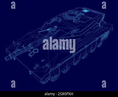 Blue tank with a blue outline. The tank is a military vehicle and is designed to be used in combat Stock Vector
