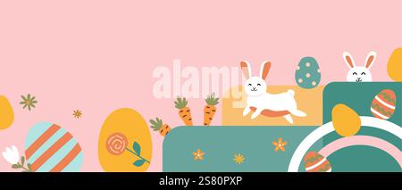 Playful easter scene with bunnies, eggs, and carrots in pastel colors. Stock Vector