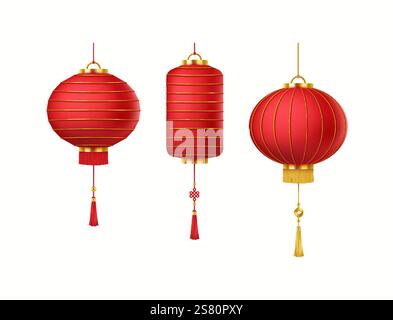 Red Chinese lanterns at holiday event realistic color icons set. Traditional paper oriental lamps with tassels 3d objects bundle on white Stock Vector