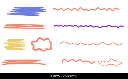 Zig zag frame border squiggle wavy set, underline brush stroke curved edges hand drawn empty tet box. Speech bubble badge jagged abstract shape. Vector illustration Stock Vector