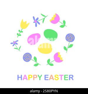 Creative design card with eggs and flowers with happy easter inscription. Stock Vector
