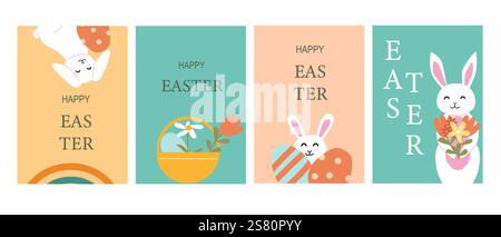 Colorful easter greeting cards with bunnies and flowers. Stock Vector