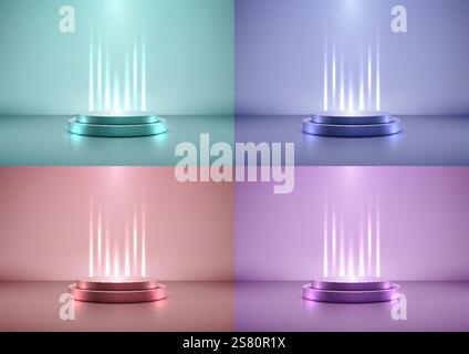 Futuristic 3D Metallic Colors Podium with Bright Spotlights, Perfect for Technology Concept, Product Display, Mockup, Showroom Showcase, and Modern De Stock Vector