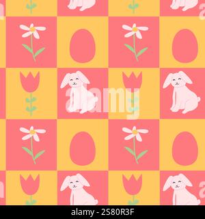 Happy easter geometric pattern with bunnies and flowers for spring designs. Stock Vector