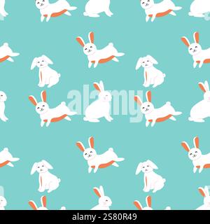 Cute easter bunny pattern on turquoise background for spring designs. Stock Vector
