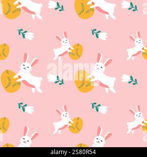 Happy easter geometry pattern with playful bunnies and floral elements. Stock Vector