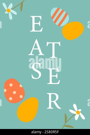 Easter celebration with colorful eggs and flowers on teal background. Easter abstract modern geometry card. Stock Vector