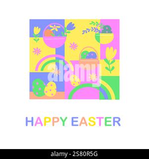 Colorful easter celebration graphic with eggs, flowers, and rainbows. Playful greeting card - bright creative design. Stock Vector