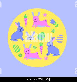 Colorful easter bunnies and eggs with carrots in a festive circle design. Stock Vector