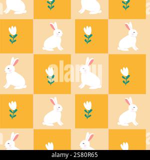 Happy easter geometric pattern with bunnies and tulips for festive design. Stock Vector