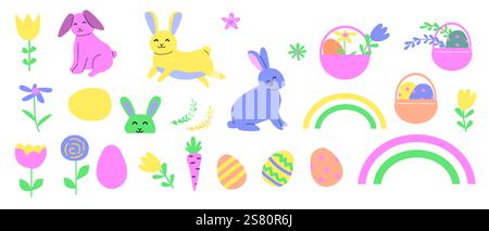 Colorful easter geometry set with bunnies, eggs, and flowers for seasonal design. Stock Vector