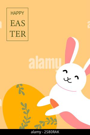 Cute easter bunny with orange egg on pastel background. Easter abstract modern geometry card. Stock Vector