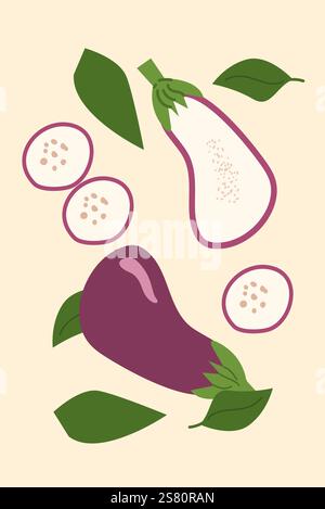 Colorful eggplant and sliced aubergine illustration with leaves on beige background. Stock Vector