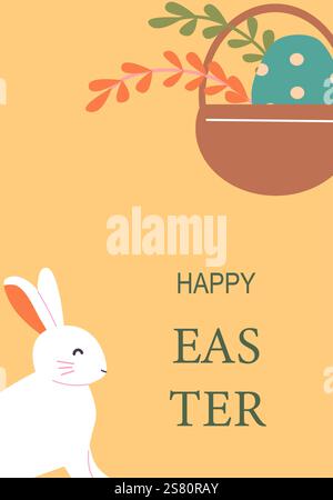 Happy easter card with rabbit and basket of festive eggs. Easter abstract modern geometry card. Stock Vector