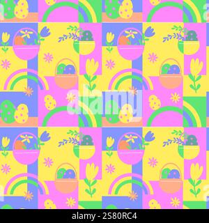 Colorful easter pattern with baskets, eggs, and flowers in pastel shades. Stock Vector
