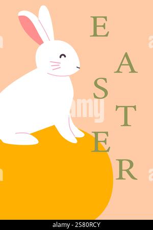 Cute easter bunny sitting on orange egg with pastel background. Easter abstract modern geometry card. Stock Vector