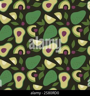 Colorful avocado pattern with sliced and whole fruits on dark background. Stock Vector