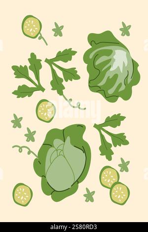 Fresh green vegetables: lettuce and sliced cucumbers on light background. Stock Vector