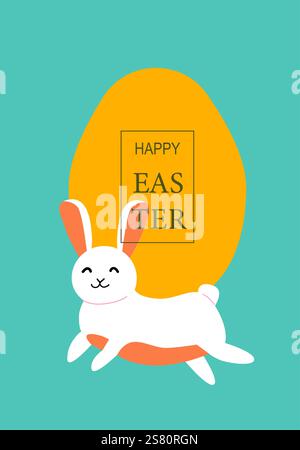 Cute easter bunny with egg and happy easter message on pastel background. Easter abstract modern geometry card. Stock Vector