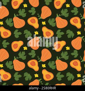 Seamless pattern of squash and leaves on dark background. Stock Vector