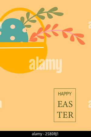 Colorful easter basket with polka dot egg and leaves on pastel background. Easter abstract modern geometry card. Stock Vector