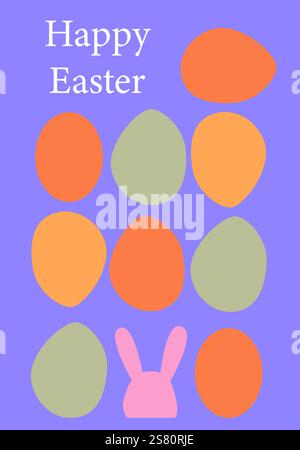 Colorful easter eggs and bunny design on purple background. Easter card modern design Stock Vector