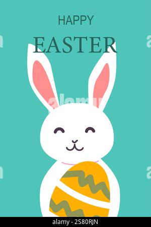 Happy easter bunny holding decorated egg on teal background. Easter abstract modern card. Stock Vector